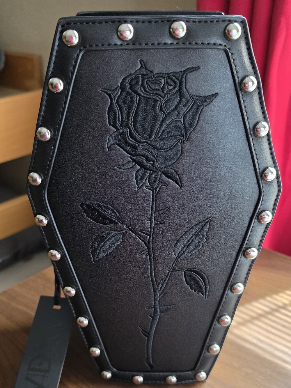 Black Coffin Backpack Bag Purse w/Embroidered Black Rose & Stud Accents